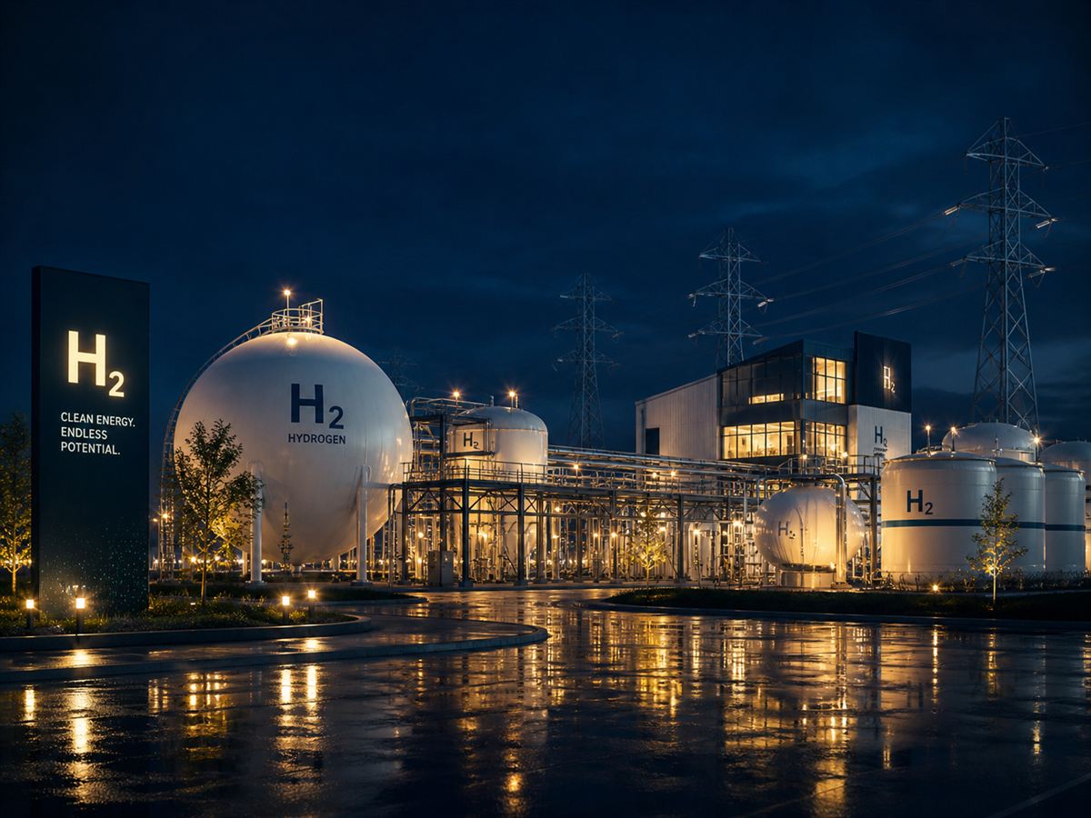 Hydrogen plant at night with H2 storage tanks and transmission infrastructure