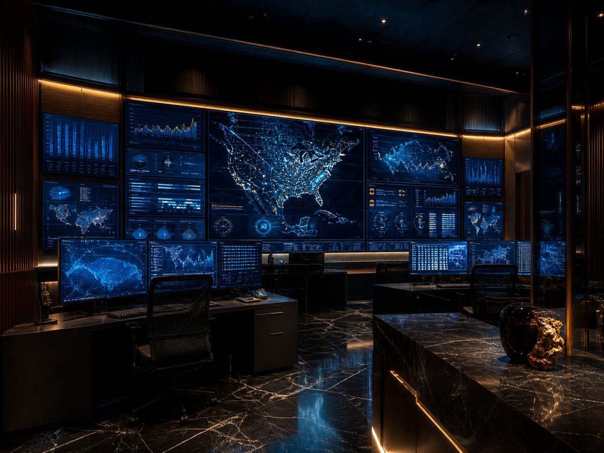 Operations and analytics control room with global dashboards